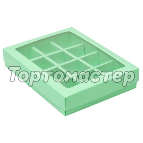 Коробка на 12 конфет с окошком Зелёная 19х15х3,6 см