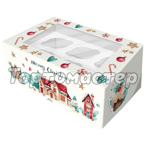 Коробка на 6 капкейков с окошком С Рождеством! 25х17х10 см 5 шт