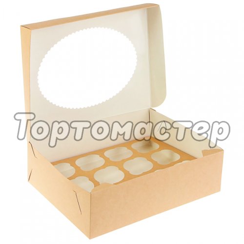 Коробка на 12 капкейков с окошком Белая/Крафт