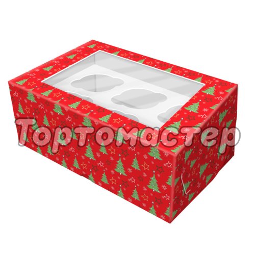 Коробка на 6 капкейков с окошком "Ёлочки" 25х15х7 см КУ-474